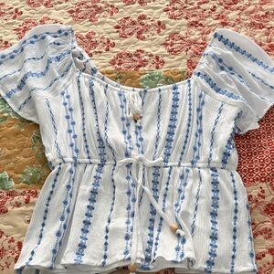BKE Blue and White Embroidered Blouse